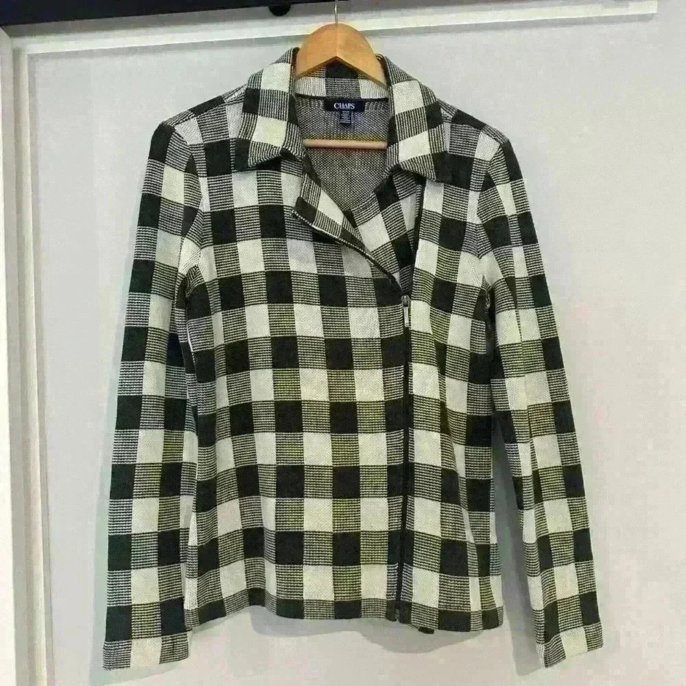 Chaps Jacket Women's Buffalo Plaid Gray and White Off Center Zipper‎ Knit Medium